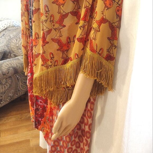 Ivy Jane Women's Size Small Floral Lace Mustard Gold Flamingo, Fringe Cardigan - Picture 8 of 12